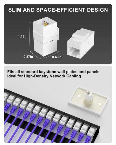 RJ45 Female To Female Ethernet Coupler Kit for Wall Plates and Patch Panels Cat6 Cat5e Cat5 with dimensions and installation.