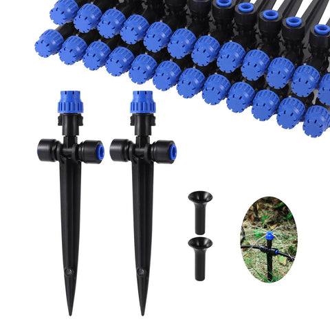 Adjustable 360 Degree Drip Irrigation Emitters For One Quarter Inch Tubing Push To Fit Garden Watering System 12 Pack With Arrow Stakes