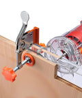 Rock Solid Heavy Duty Adjustable Wood Drawer Slide Jig With Dead On Positioning Clips clamps on a wooden board for precise cutting.