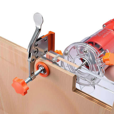 Rock Solid Heavy Duty Adjustable Wood Drawer Slide Jig With Dead On Positioning Clips clamps on a wooden board for precise cutting.