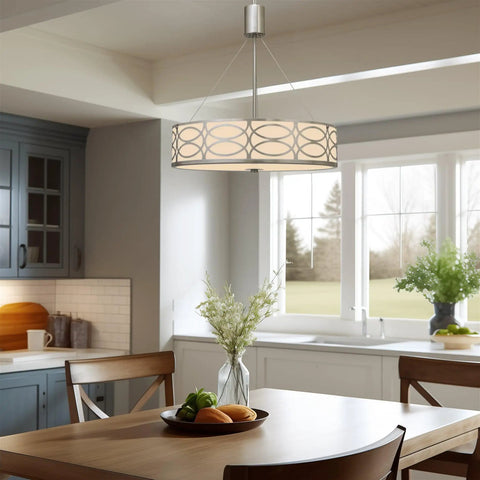 Modern Lattice Drum Pendant Chandelier 3 Light Hanging Light With Glass Diffuser In Brushed Nickel Finish over dining table