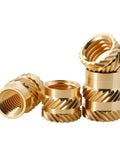 Brass Heat Insert Nuts Kit M2 To M8 Set With Double Twill Knurled Threads, Includes M6x9mm 10pcs, Durable Quick Install Fasteners For 3D Printing, DIY Projects, Electronics Enclosures, And Hobby Builds. Brass threaded inserts shown stacked on white.