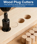 8 Piece Wood Plug Cutter Set Black Oxide Carbon Steel Straight And Tapered Hole Plugs for drilling into wood, showcasing a cutter in action.