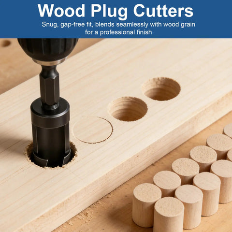 8 Piece Wood Plug Cutter Set Black Oxide Carbon Steel Straight And Tapered Hole Plugs for drilling into wood, showcasing a cutter in action.
