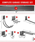 Heavy Duty Wall Mount Garage Tool Organizer System With 64 Inch Rail And 11 Adjustable Hooks diagram showing dimensions and components