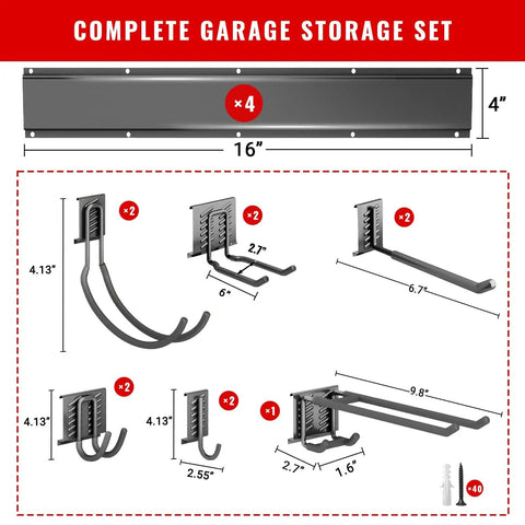 Heavy Duty Wall Mount Garage Tool Organizer System With 64 Inch Rail And 11 Adjustable Hooks diagram showing dimensions and components
