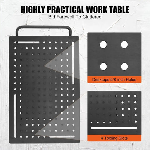 Rock Solid Thirty Six By Twenty Four Welding Table With Five Eighths Grid Holes showing 5/8-inch holes and tooling slots.