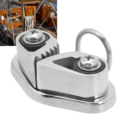 316 Stainless Steel Cam Cleat With Ring Fairlead for 3 to 12mm Rope, shown in marine use on sailboat deck.