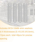 48 Pack M10 X 16 Millimeter 304 Stainless Steel Shim Washers And Precision Thin Spacers arranged in four thicknesses on display.
