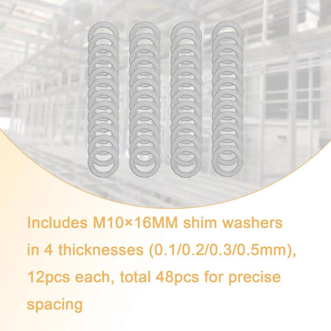 48 Pack M10 X 16 Millimeter 304 Stainless Steel Shim Washers And Precision Thin Spacers arranged in four thicknesses on display.