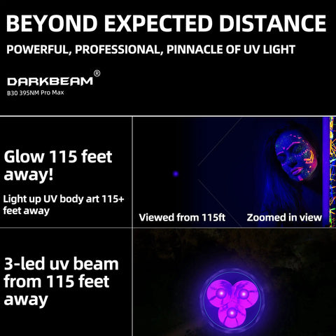 Darkbeam 395nm Pro Max Blacklight UV Flashlight 3-LED beam illuminating objects from 115 ft distance, showcasing UV intensity.