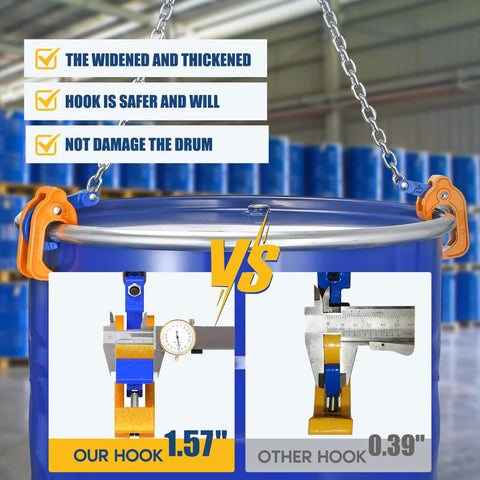 FAHKNS 2000lb drum lifter with two orange clamps and overhead chain on blue 55-gallon drum