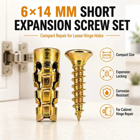 6x14mm Short Expansion Screw Set For Cabinet Hinge Repair And Stripped Thread Restoration shown with anchor and screw