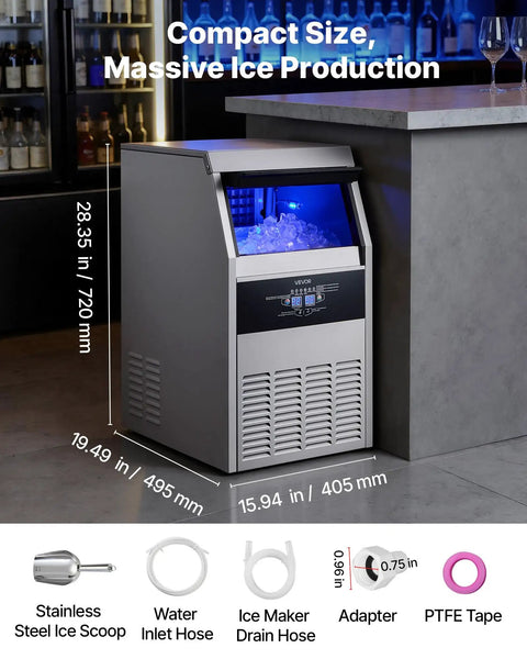 Rock Solid Commercial Ice Maker, Drip Free Self Cleaning LED Interface With Up To 130 Lbs Daily Production And Super Roomy 30 Lb Storage Bin, Undercounter Stainless Steel Gear For Home Bars, displayed in bar setting.