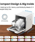 Slick Countertop Dishwasher With Built In Six Liter Water Tank, Portable Mini Cleaning Station Featuring Seven Custom Wash Cycles Uv Sanitization, Auto Open Dry Door And No Sweat Setup For Dorms, Rvs Or Tiny Kitchens, White showing compact design with plates and utensils inside.