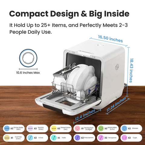 Slick Countertop Dishwasher With Built In Six Liter Water Tank, Portable Mini Cleaning Station Featuring Seven Custom Wash Cycles Uv Sanitization, Auto Open Dry Door And No Sweat Setup For Dorms, Rvs Or Tiny Kitchens, White showing compact design with plates and utensils inside.