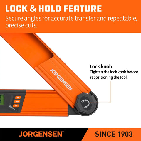 Digital Angle Finder And Protractor Level Brings Boss Level Precision For Nailing Every Woodworking Cut Dead On Accuracy Heavy Duty Multi Angle Measuring Tool with lock knob for secure angles.