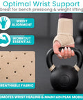 Beige adjustable wrist wrap brace supporting hand holding kettlebell, features breathable fabric inset for carpal tunnel relief.