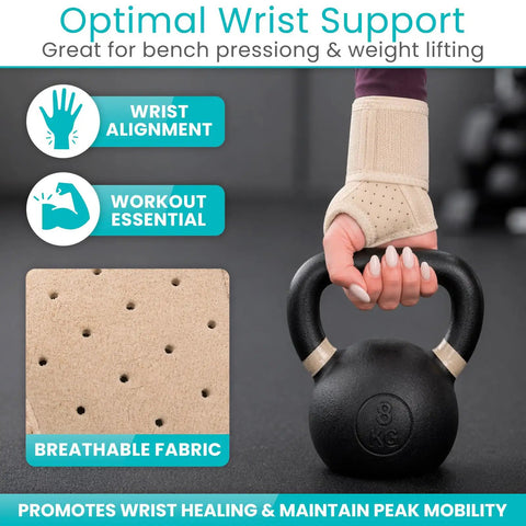 Beige adjustable wrist wrap brace supporting hand holding kettlebell, features breathable fabric inset for carpal tunnel relief.