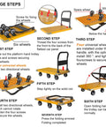 Infographic showing assembly steps for Heavy Duty Folding Platform Cart With 1764 Pound Capacity and Reinforced Thickened Base.