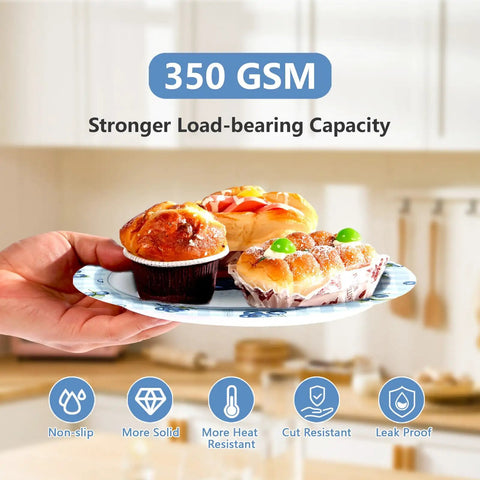 Awesome Blueberry Party Supplies 200 Piece Disposable Tableware Set with 350 GSM plates holding assorted baked goods.