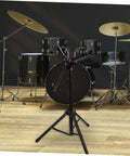 Dope Alloy Drum Rack Practice Shelf Featuring A Folding Snare Stand And Portable Tripod Mount Built Tough For Garage Jams. View of sturdy tripod stand in front of a drum set.