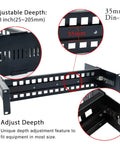 Heavy Duty 19 Inch Rack Mount DIN Rail Kit with 35mm Height DIN Rail and Adjustable Depth Bracket Shelf showing adjustment features