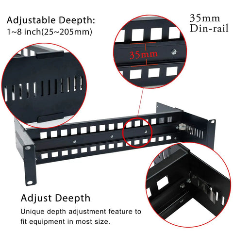 Heavy Duty 19 Inch Rack Mount DIN Rail Kit with 35mm Height DIN Rail and Adjustable Depth Bracket Shelf showing adjustment features