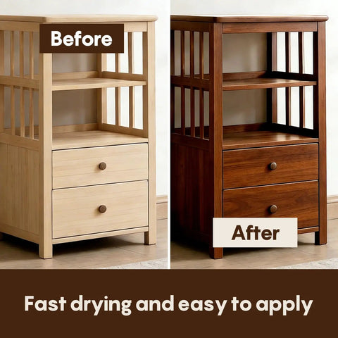 Before and after comparison of furniture stained with Dark Teak Water Based Wood Stain For Furniture Cabinets Door Trim Fast Drying Non Toxic Low Odor Formula Hella Smooth Matte Finish Revitalizes Worn Lumber With Dope Rich Coverage In A Fresh 100ml Bottle.