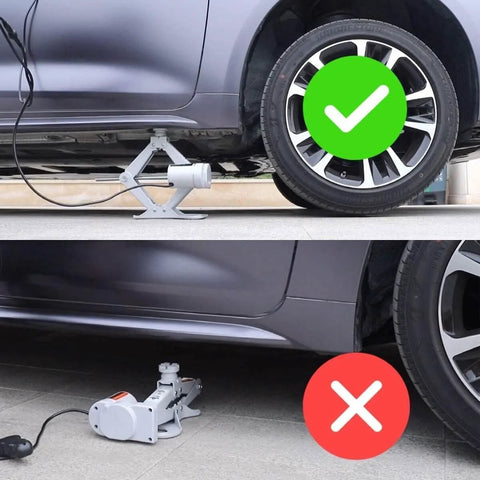 Electric 12V Car Jack Kit With Floor Jack Stands, Heavy Duty 3 Ton Vehicle Scissor Lift in use on car tire