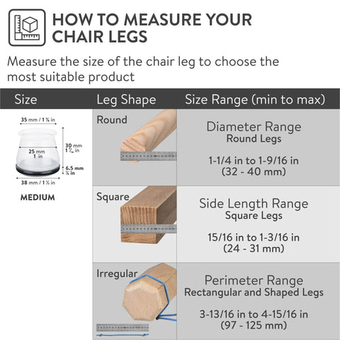 Diagram showing how to measure chair legs for Effortless Carpet Gliding Chair Leg Sliders 8 Pack Clear Silicone With PTFE Bottom.