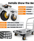 Diagram of Heavy Duty Platform Truck And Flat Moving Cart With 2000 Lbs Capacity Steel Push Cart Dolly, showcasing 36 x 24 flatbed and caster wheels