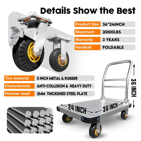 Diagram of Heavy Duty Platform Truck And Flat Moving Cart With 2000 Lbs Capacity Steel Push Cart Dolly, showcasing 36 x 24 flatbed and caster wheels