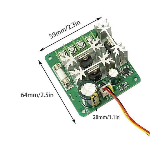 Two Pack DC Motor Speed Controller 6V To 90V PWM 15A with heat sinks and wiring details, compact design for DIY projects.