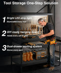 Heavy Duty Garage Work Bench With Drawers Lights Pegboard And Twelve Hooks Storage System Holds Up To 600 Lbs with man using it