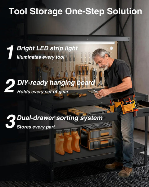 Heavy Duty Garage Work Bench With Drawers Lights Pegboard And Twelve Hooks Storage System Holds Up To 600 Lbs with man using it