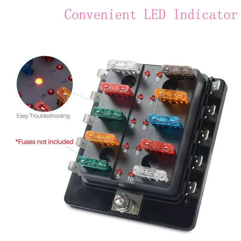 10 Way RV Blade Fuse Block With Bright LED Indicator DC Junction Box supplying 100 Amp kickass protection cover showing fuses and LED indicators.