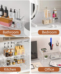 Multi-use acrylic storage shelves in bathroom, bedroom, kitchen, and office setups showcasing 2 Tier Coffee Station Organizer for Countertops Acrylic Storage Shelf to Hold Mugs Beans Syrup Cups and Stirrers Neatly Stacked Barista Style Coffee Bar Setup Maximizes Counter Space and Rids Clutter.