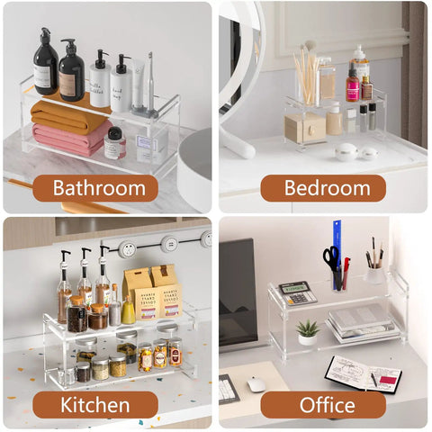 Multi-use acrylic storage shelves in bathroom, bedroom, kitchen, and office setups showcasing 2 Tier Coffee Station Organizer for Countertops Acrylic Storage Shelf to Hold Mugs Beans Syrup Cups and Stirrers Neatly Stacked Barista Style Coffee Bar Setup Maximizes Counter Space and Rids Clutter.