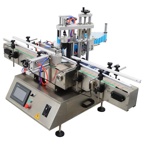 Slick Automatic Desktop Labeler With Heavy Duty Chain Conveyor Fast Track Setup for smooth labeling of round square bottles.