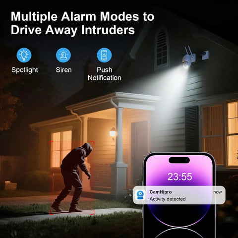 4MP HD Plug In Outdoor Security Camera With Dual Band WiFi illuminating intruder with spotlight, phone notification visible
