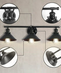 Three Light Bathroom Light Fixture With Black Metal Shade Industrial Indoor Wall Mount Sconce For Modern Homes showing details