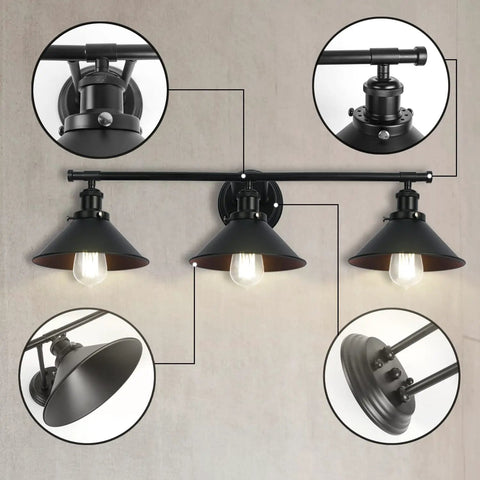 Three Light Bathroom Light Fixture With Black Metal Shade Industrial Indoor Wall Mount Sconce For Modern Homes showing details