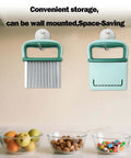 Two wall-mounted vegetable cutters with teal handles; left: stainless steel crinkle/french fry cutter, right: slicer with protective case.