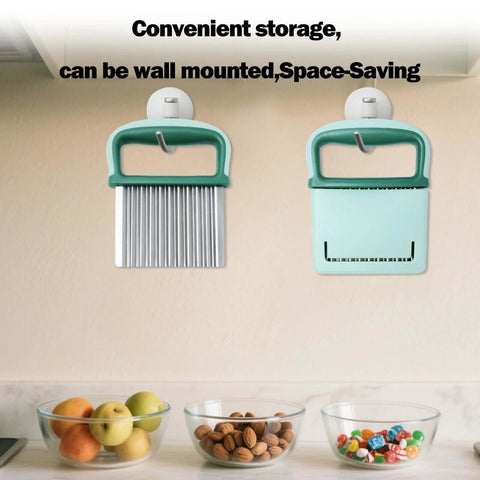 Two wall-mounted vegetable cutters with teal handles; left: stainless steel crinkle/french fry cutter, right: slicer with protective case.