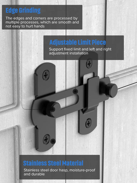 Matte Black Stainless Steel Sliding Barn Door Lock Kit With 180 Degree Flip Latches installed on wooden door