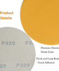 Front view of two 6-inch sanding discs: orange and gray, P320 grit, hook-and-loop backing.