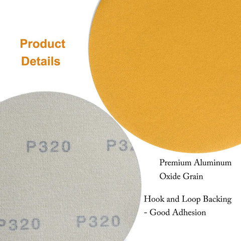 Front view of two 6-inch sanding discs: orange and gray, P320 grit, hook-and-loop backing.