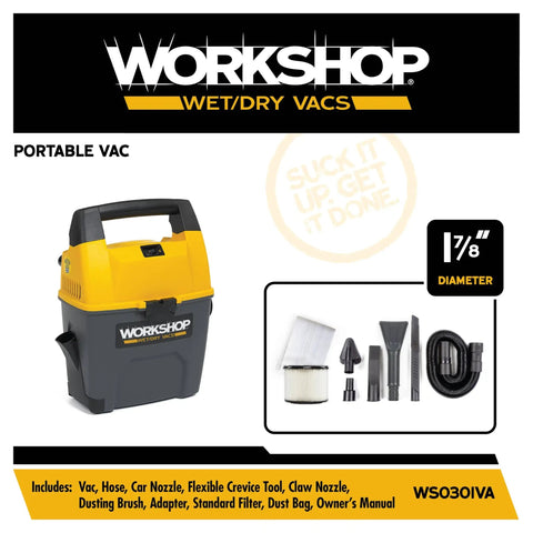 Portable Wet Dry Vacuum Cleaner 3-Gallon 3.5 Peak HP With Built-In Dust Pan, Filter, Dust Bag And Expandable Hose shown with attachments