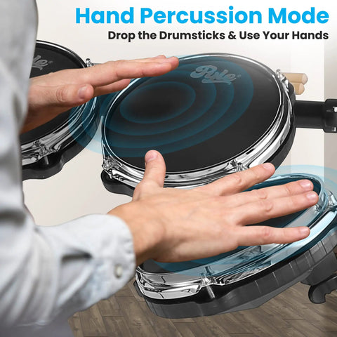 Hand percussion mode on seven piece electronic drum kit with mesh pads, easy setup with tom and snare visible.